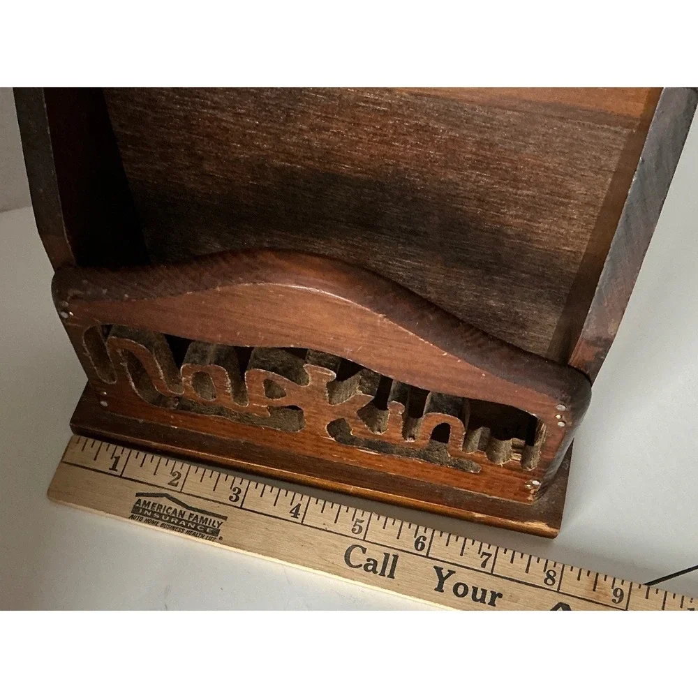 Vintage Wooden Napkin Holder Wall Mount Cutout Lettering Brown Rustic Kitchen